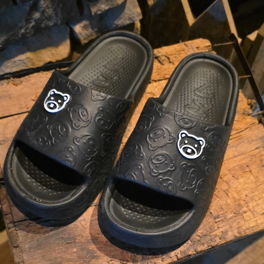 Women's Black Embossed Bear Sandals